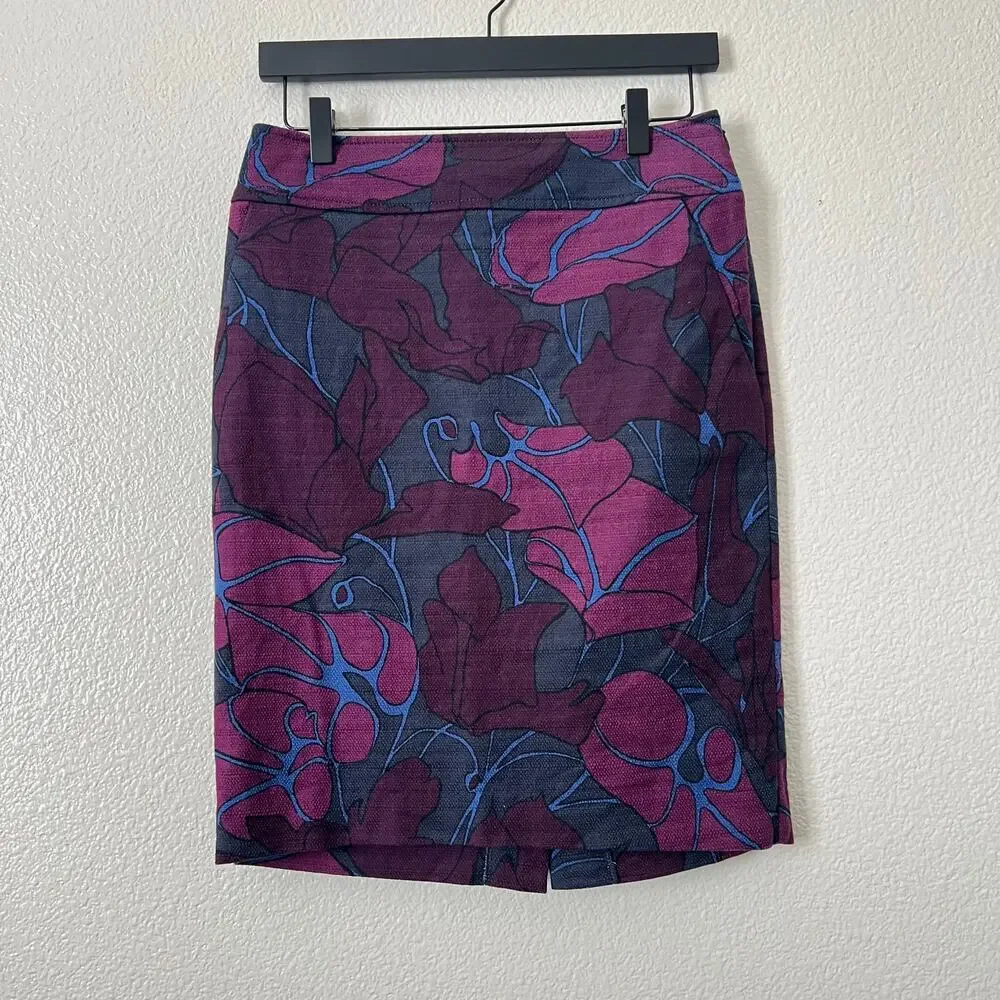 LOFT Purple Floral Print Textured Knit Pencil Skirt